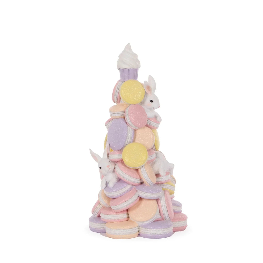 Pastel macaron tower with bunnies, perfect for Easter home décor and sweet-themed displays
