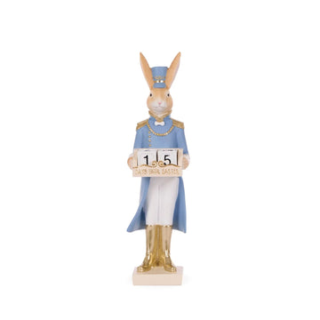 Elegant Easter bunny figurine in blue uniform holding '15 days until Easter' countdown sign, home décor accent.