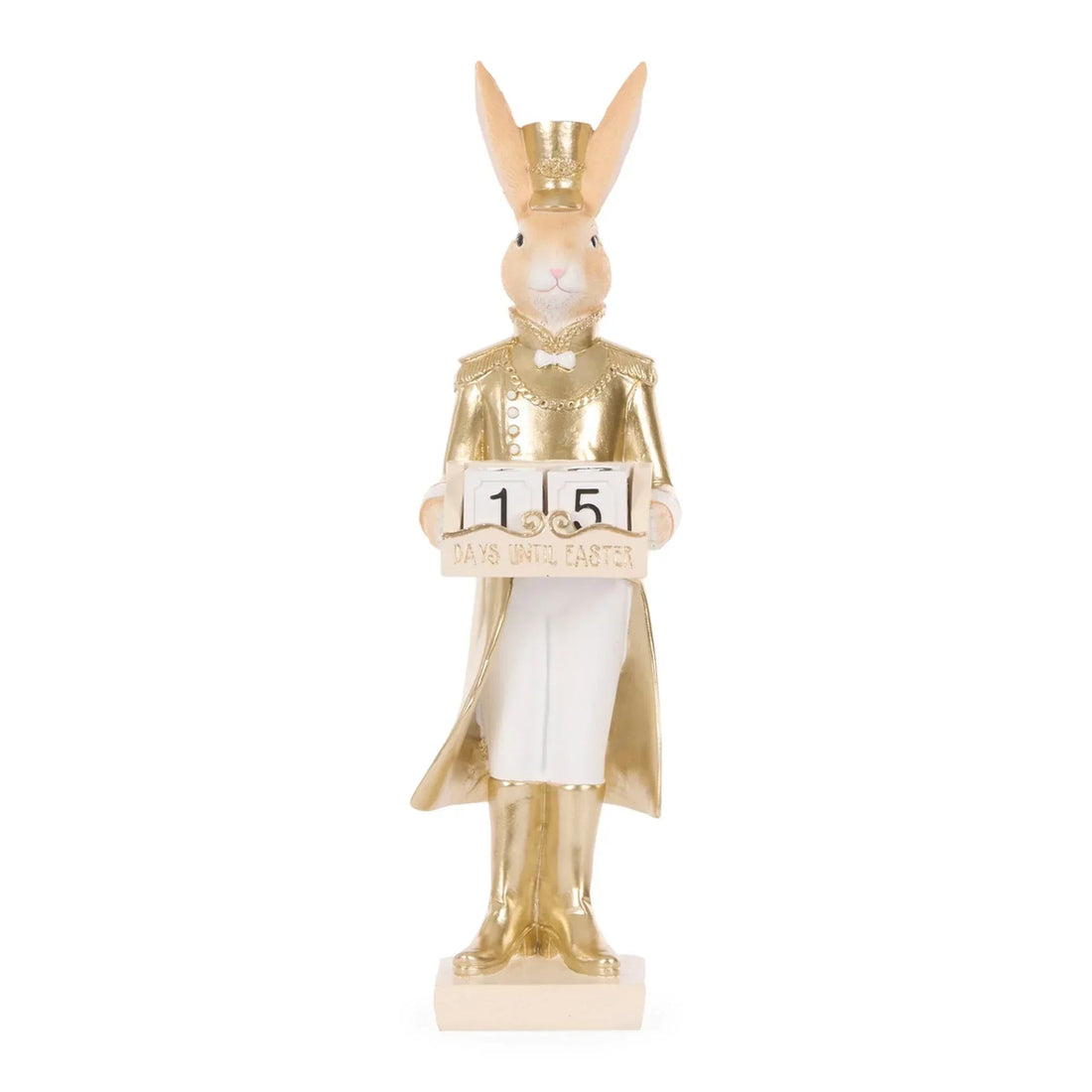 Gold Easter bunny figurine holding '15 days until Easter' sign, vintage home décor accent
