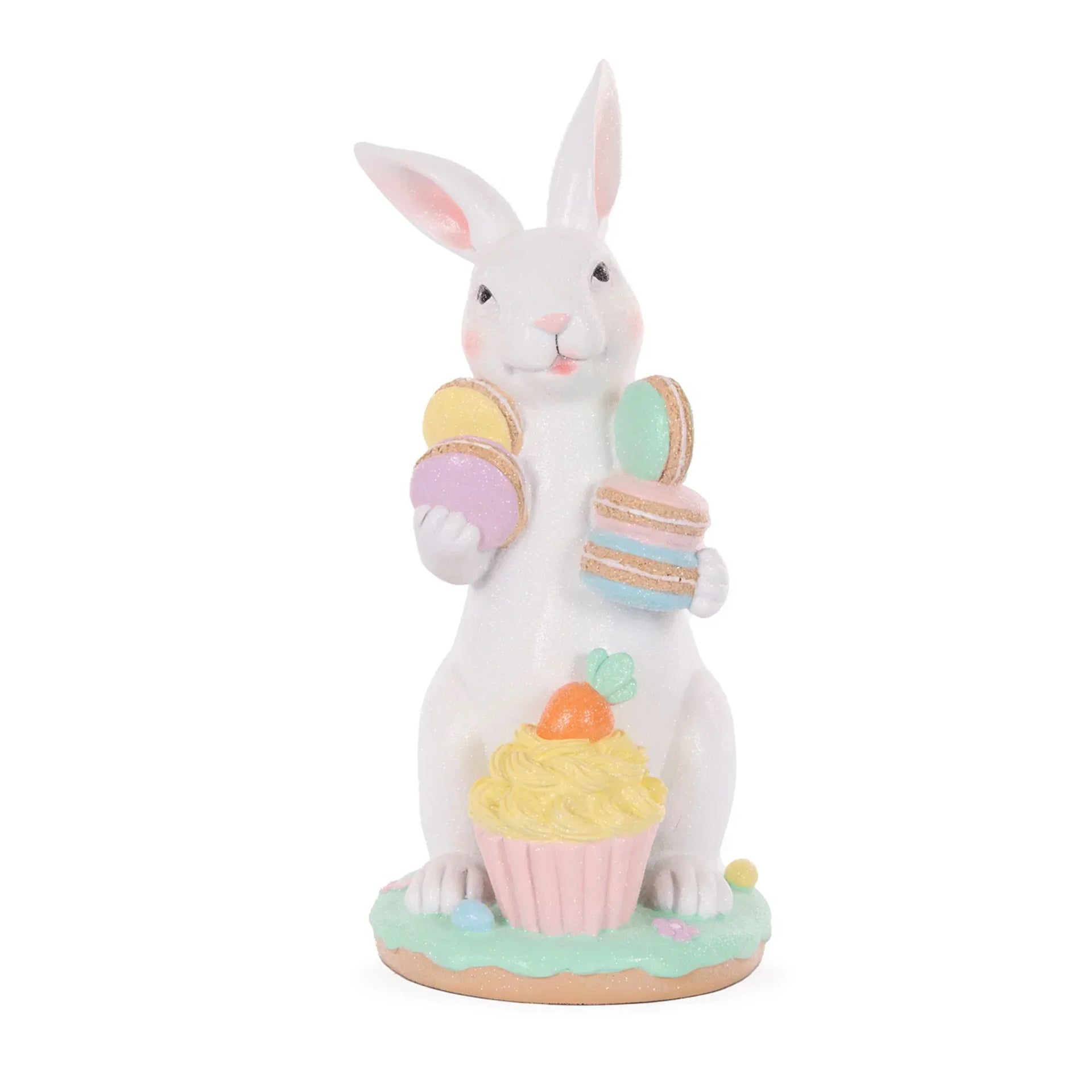 White glitter bunny figurine holding pastel macarons and a cupcake with carrot topper, Easter home decor
