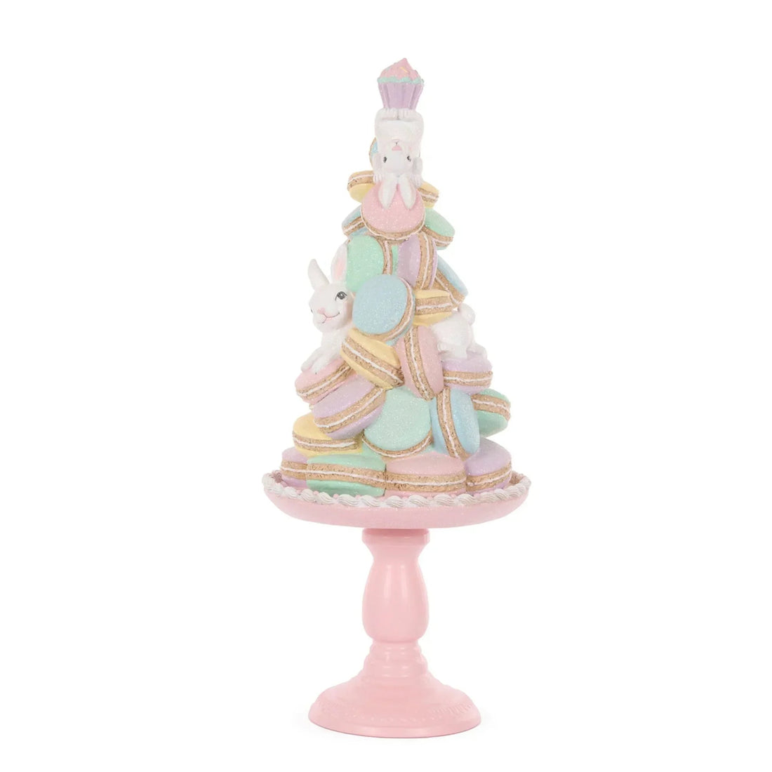Pastel macaron tower with bunnies, perfect for Easter home décor and sweet table displays