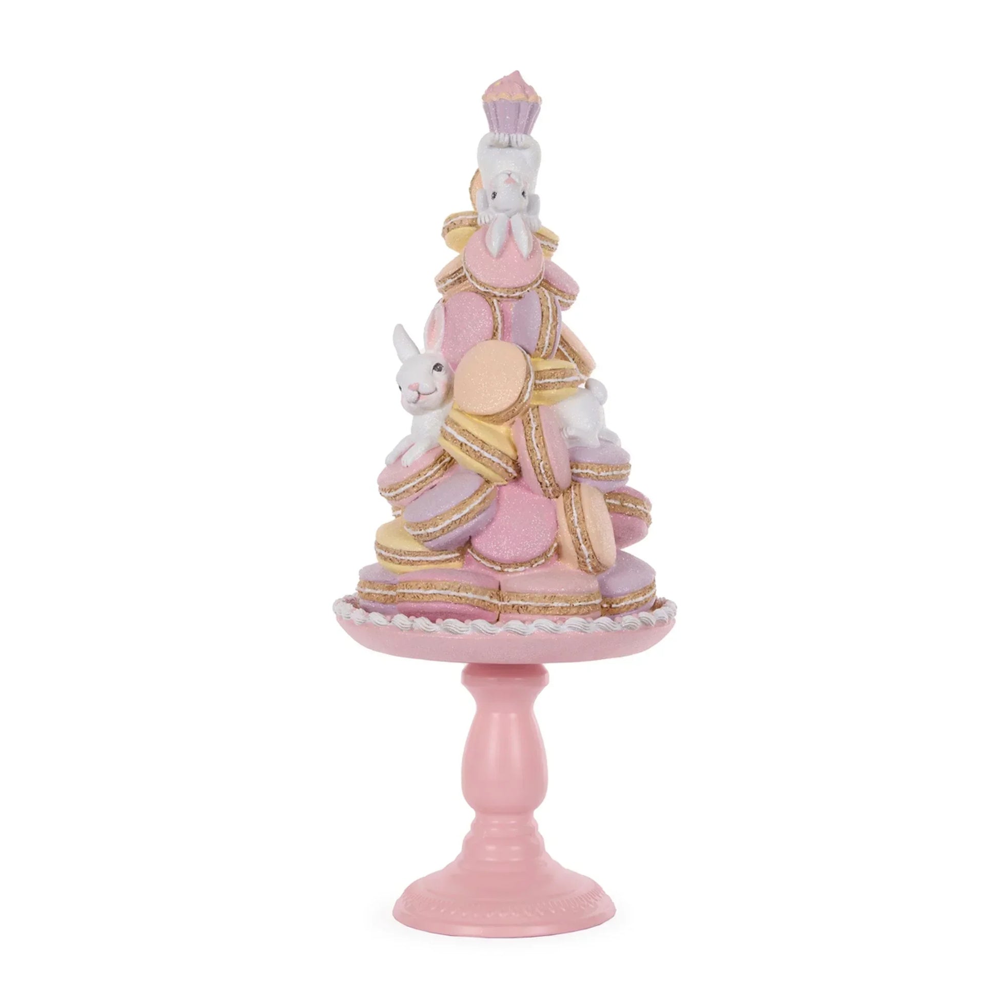 Pink macaron tower with bunnies, perfect for Easter home decor or sweet-themed table centerpiece