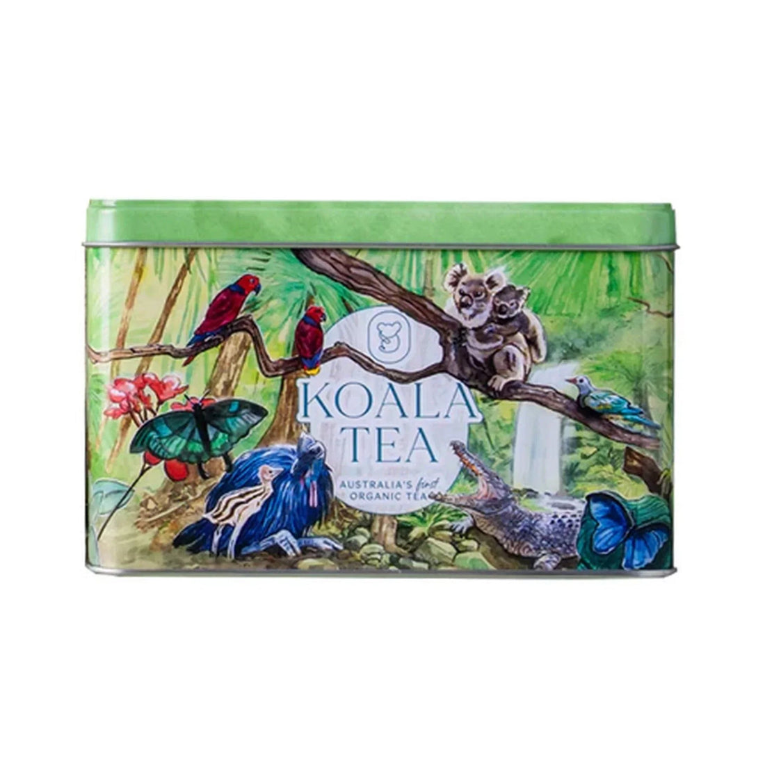Koala Tea tin with Australian wildlife artwork, featuring koalas, birds, and butterflies in a lush forest scene.