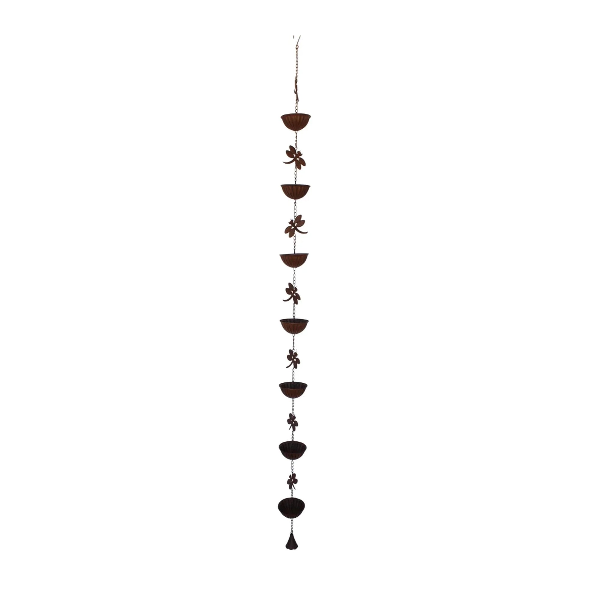 Rustic metal rain chain with flower accents, perfect for garden or patio home décor
