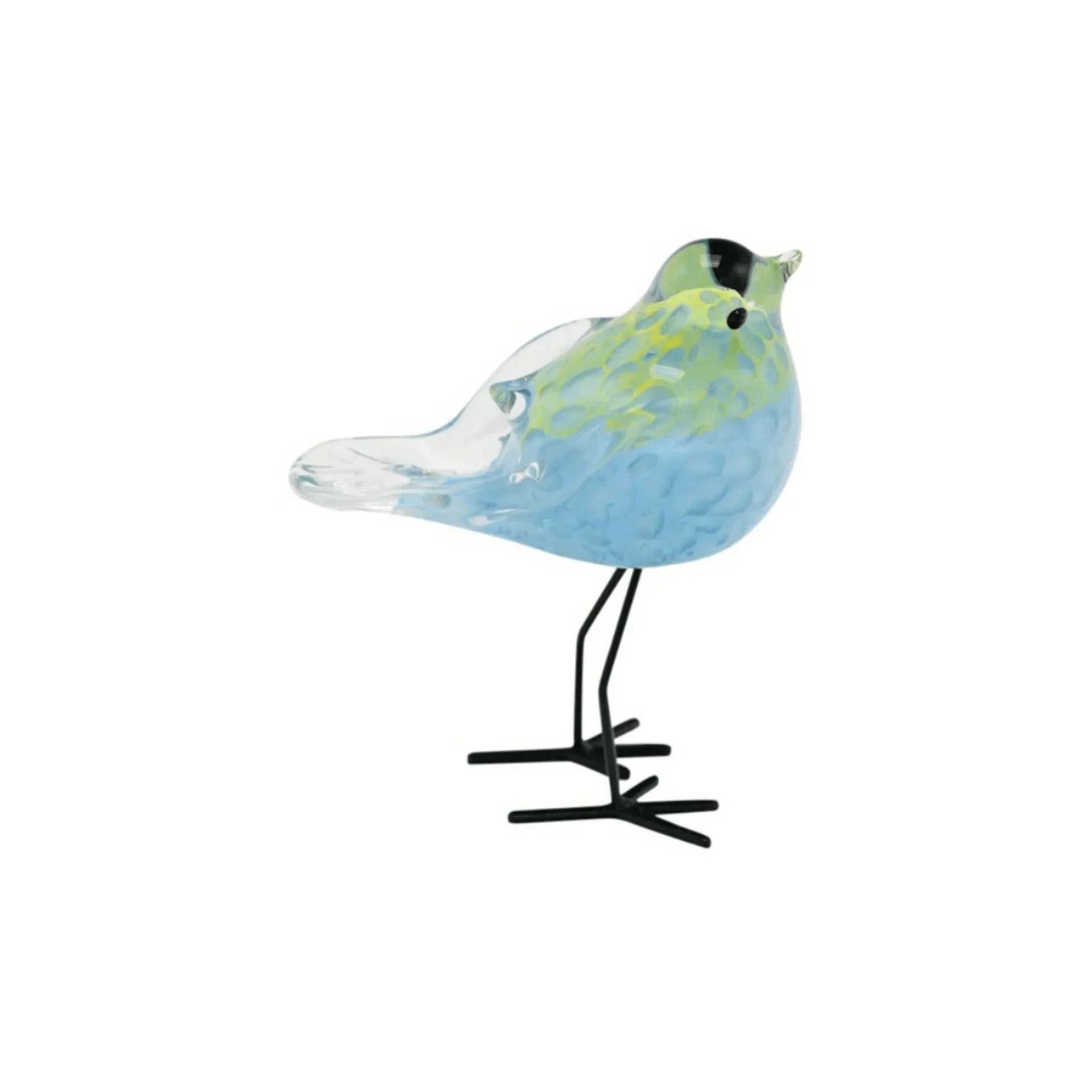 Blue and green glass bird figurine with black wire legs, home décor accent piece