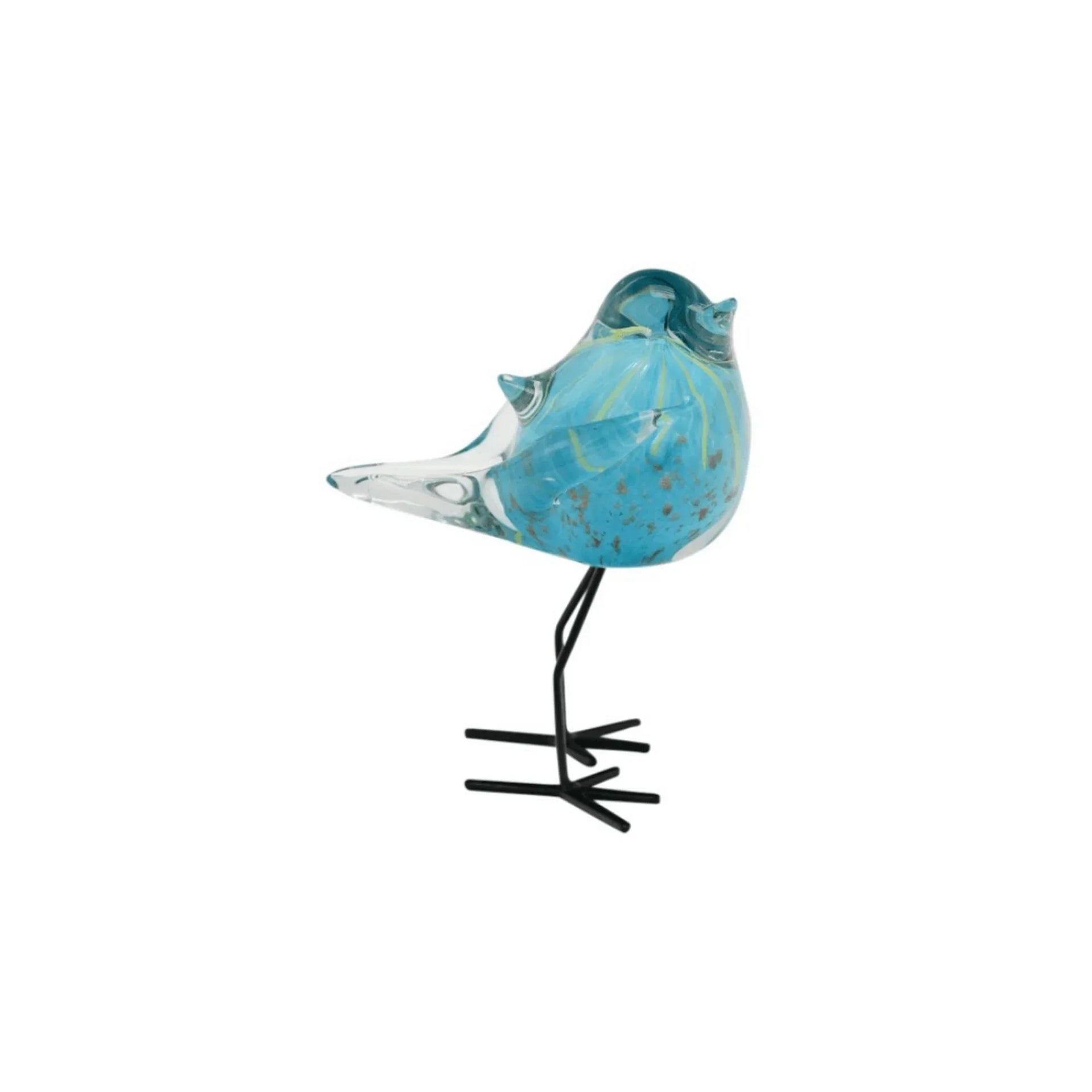 Blue glass bird figurine with metal stand, home décor accent piece