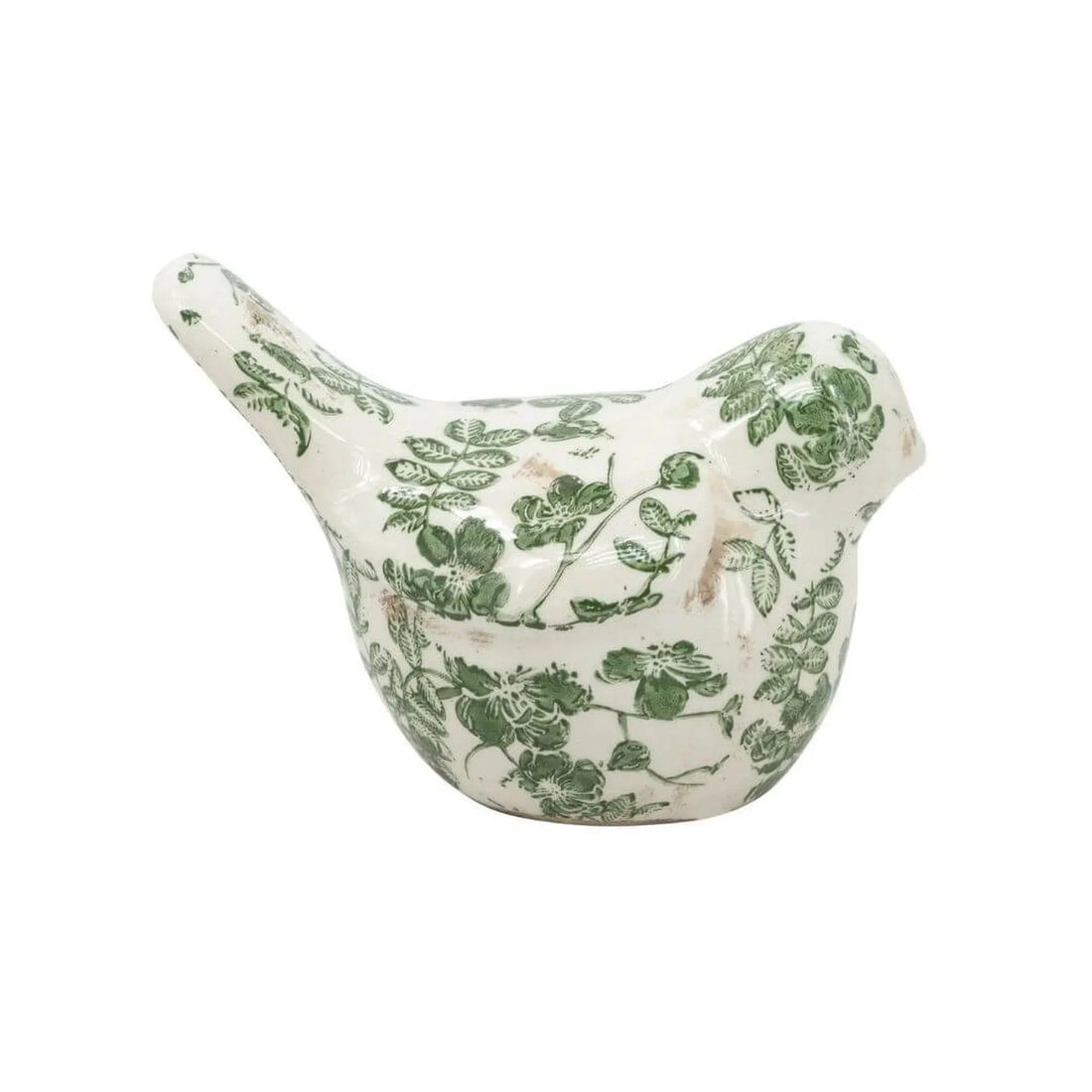 Ceramic bird figurine with green floral pattern, vintage-style home décor accent piece