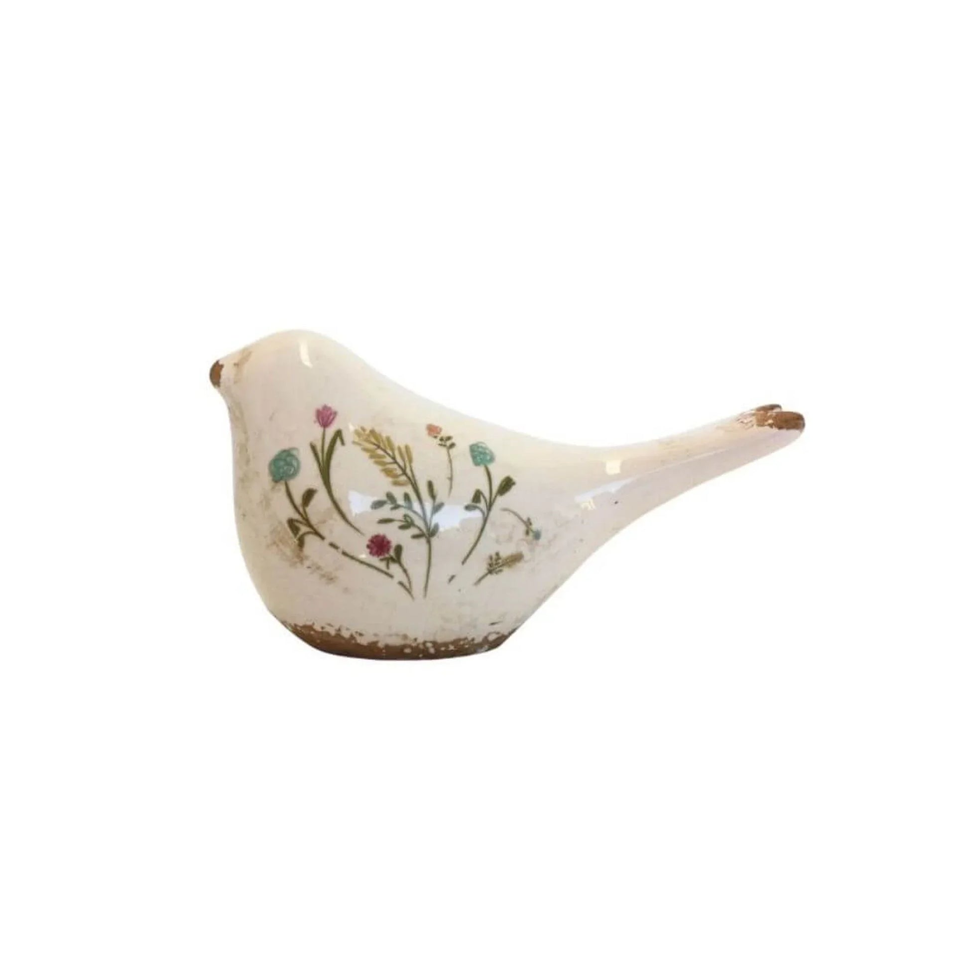Ceramic bird figurine with hand-painted wildflowers, vintage-style home décor accent piece