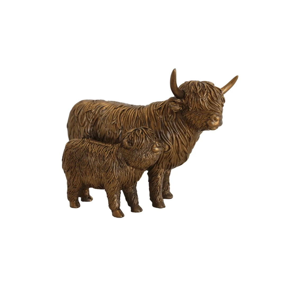 Bronze Highland cow and calf figurine, rustic home decor accent with textured fur detail