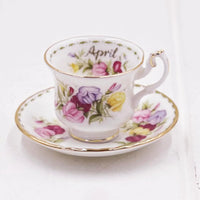 April floral teacup and saucer set with gold trim, vintage-style home decor