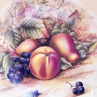 Vintage fruit still life plate with peaches, pears, grapes & leaves, elegant home décor accent