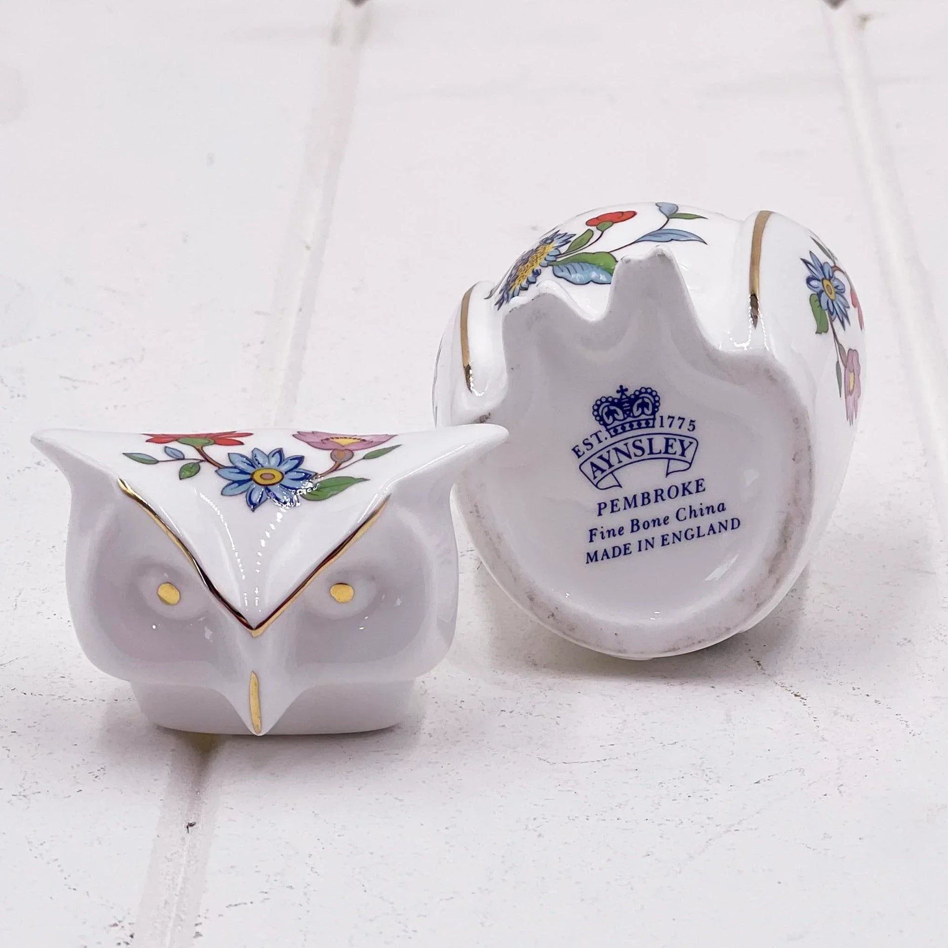 Aynsley Pembroke fine bone china owl figurine with floral design, gold trim, made in England