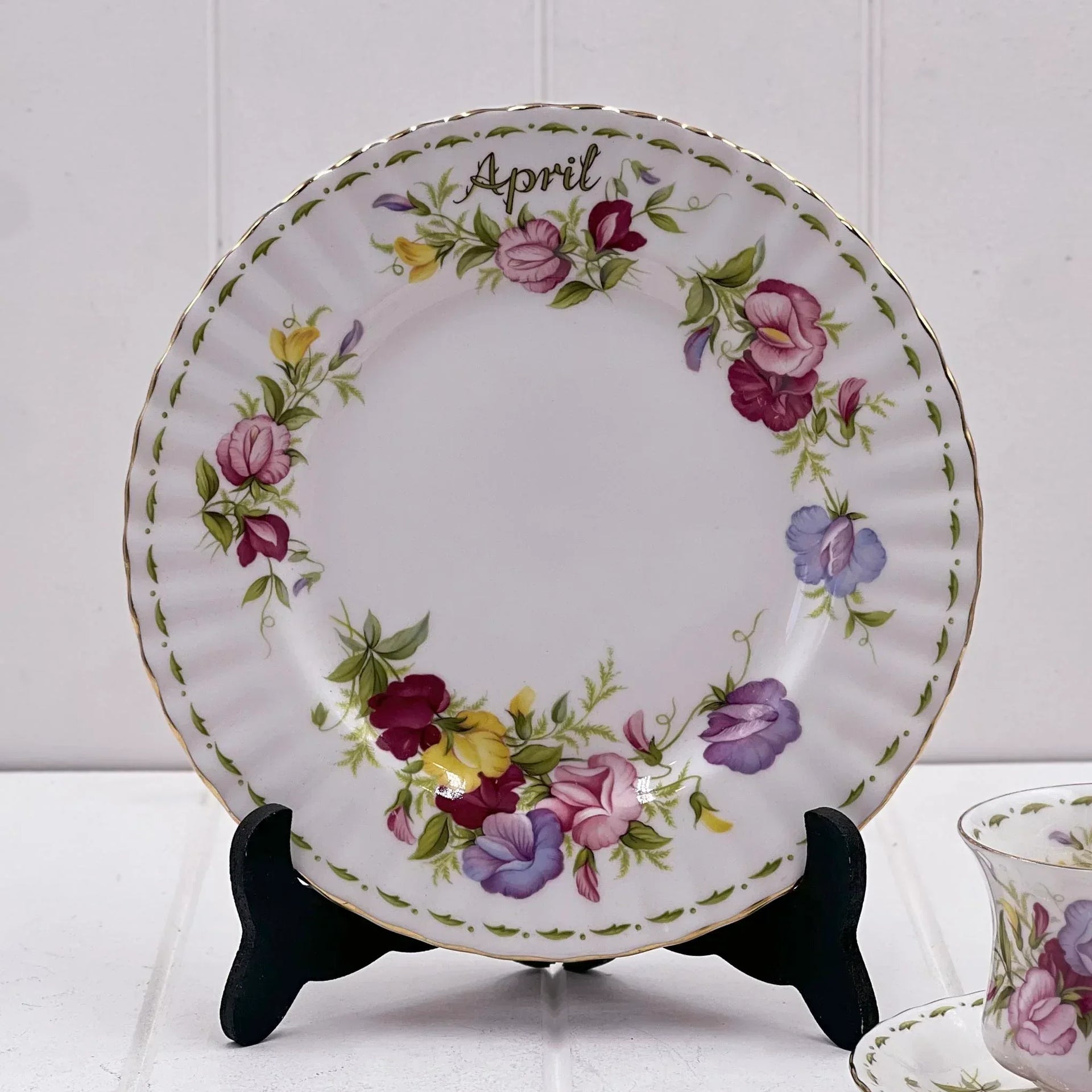 April floral porcelain plate with gold trim, vintage home decor accent