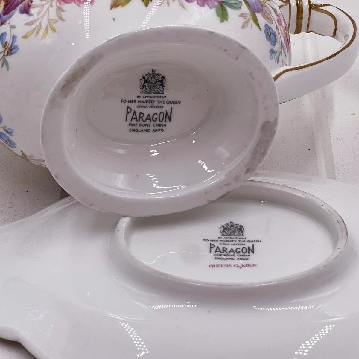 Paragon fine bone china teapot & tray, Queens Garden pattern, vintage floral design, English made