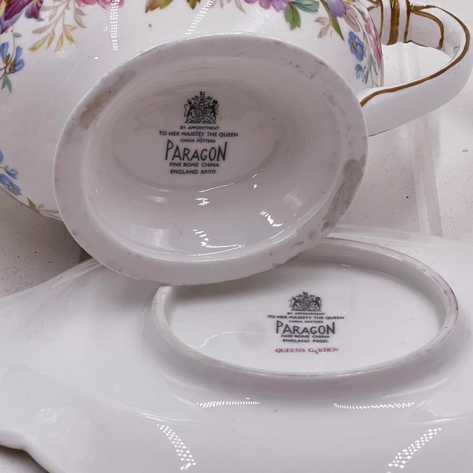 Paragon fine bone china teapot & tray, Queens Garden pattern, vintage floral design, English made