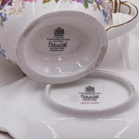 Paragon fine bone china teapot & tray, Queens Garden pattern, vintage floral design, English made