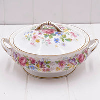 Elegant floral porcelain serving dish with lid, vintage-style home decor, gold trim, pink roses & blue flowers