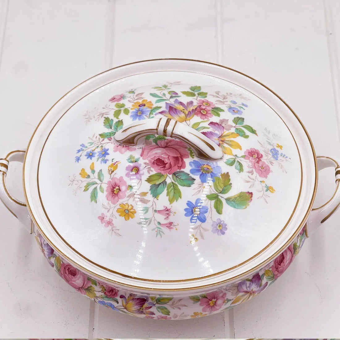 Elegant floral porcelain tureen with gold trim, vintage-style home décor for dining or display