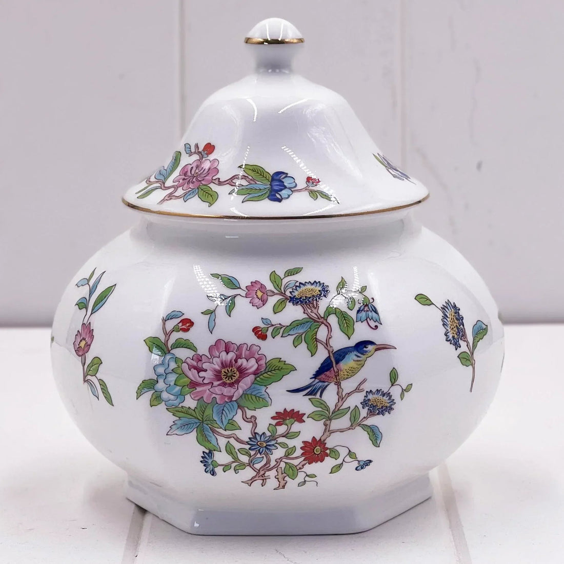 Elegant porcelain jar with floral and bird design, gold trim, vintage home decor