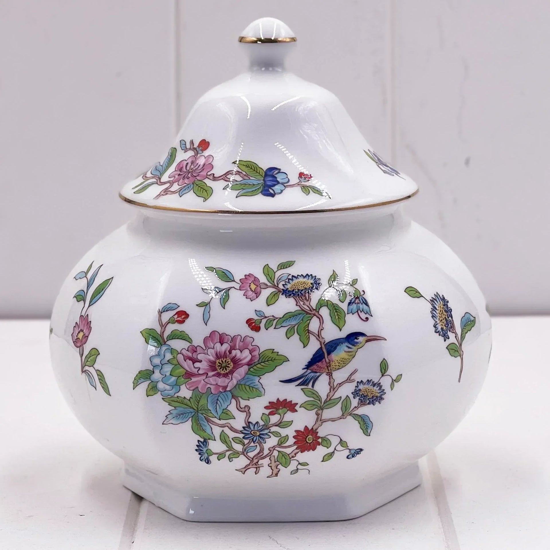 Elegant porcelain jar with floral and bird design, gold trim, vintage home decor