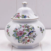 Elegant porcelain jar with floral and bird design, gold trim, vintage home decor