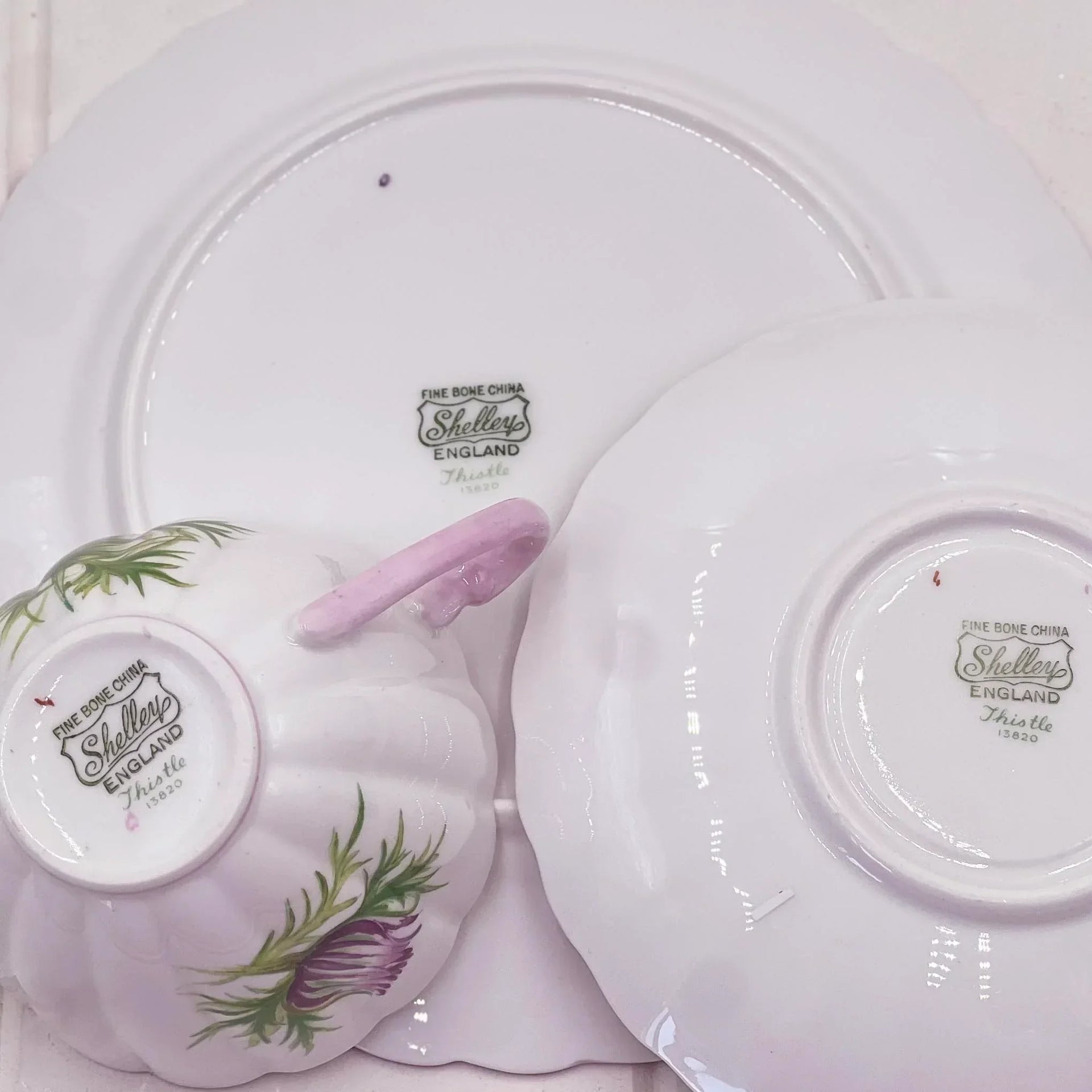 Shelley England Thistle fine bone china teacup and saucers with purple thistle floral design, vintage homeware