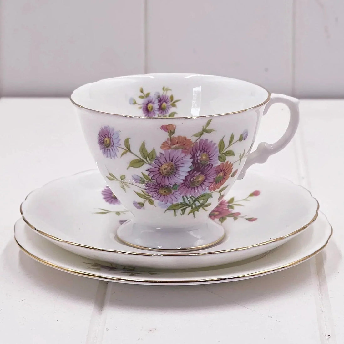 Hammersley Trio - English Bone China Purple Asters Perfect Condition