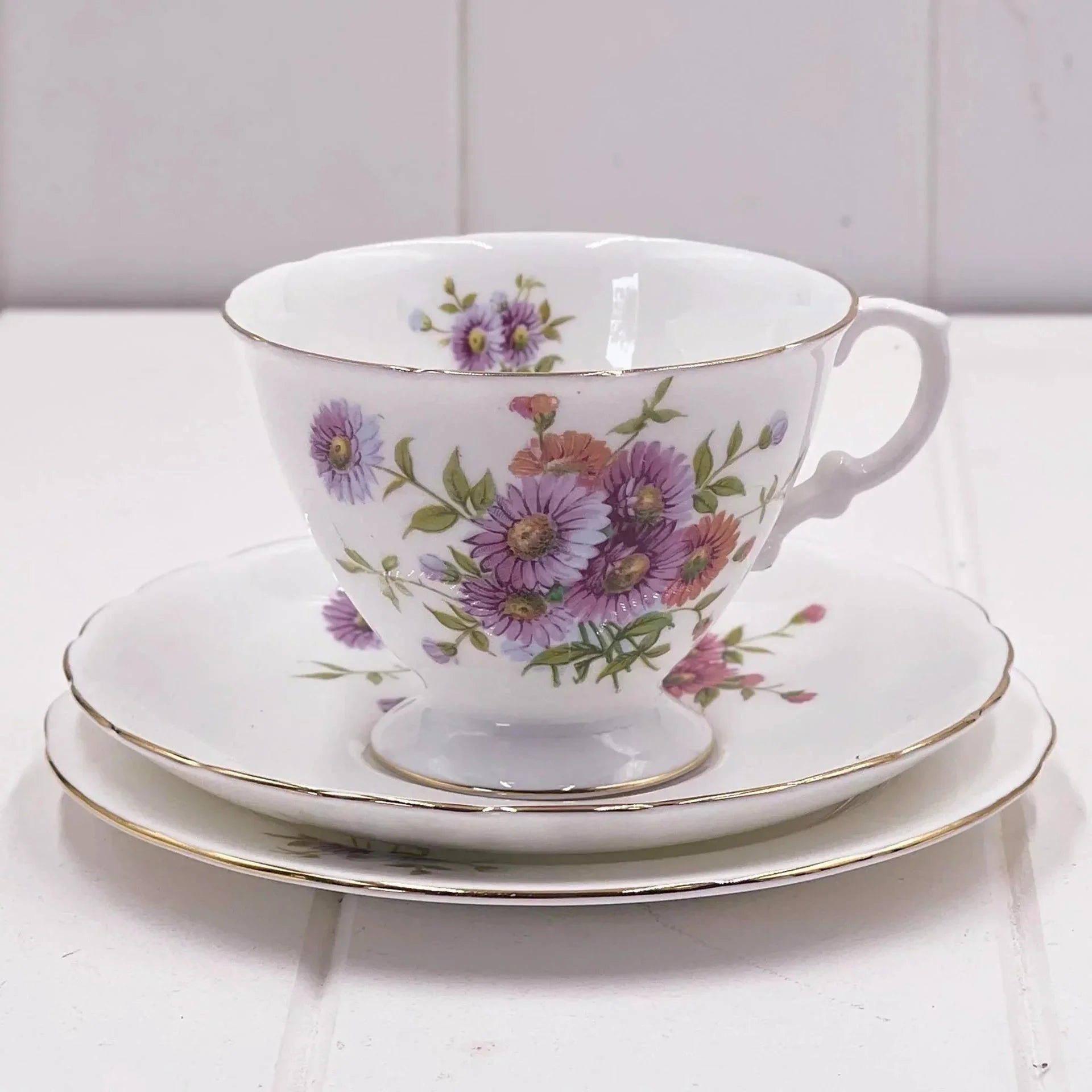 Hammersley Trio - English Bone China Purple Asters Perfect Condition