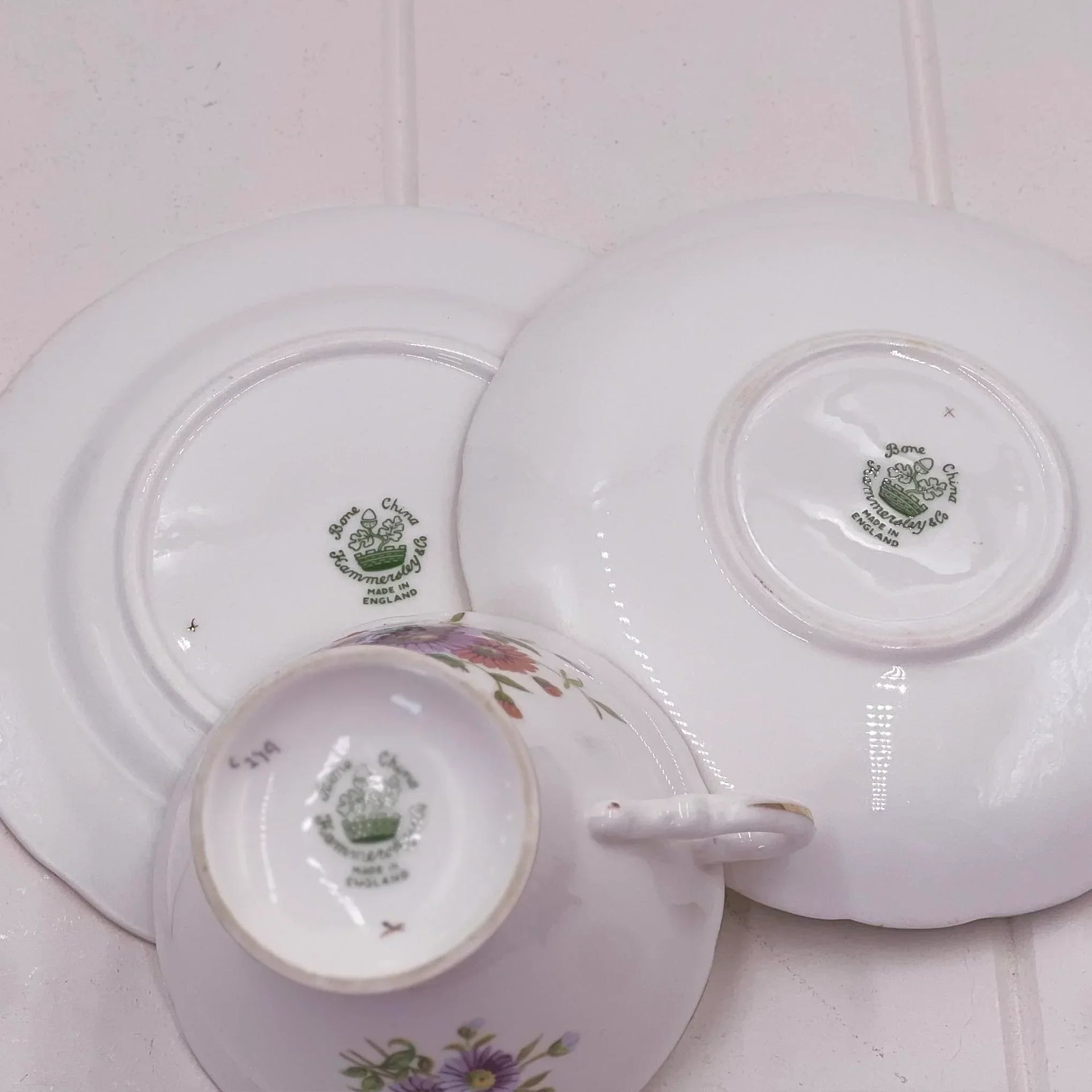 Vintage bone china teacup and saucers with floral design, made in England