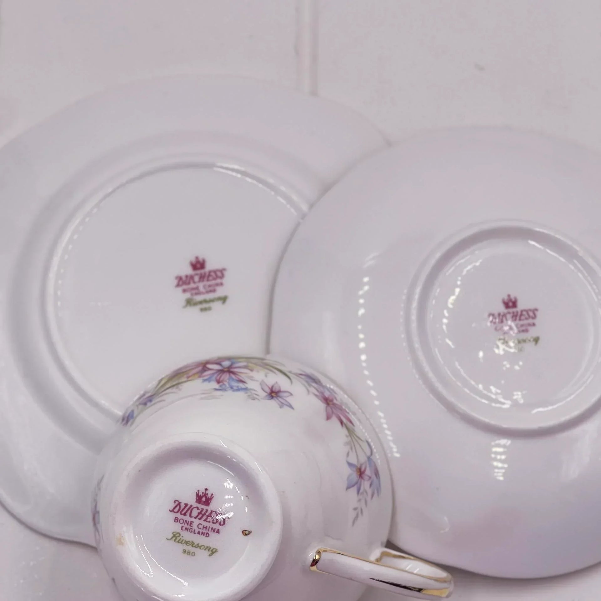 Duchess Bone China teacup and saucers with floral design, vintage homeware elegance