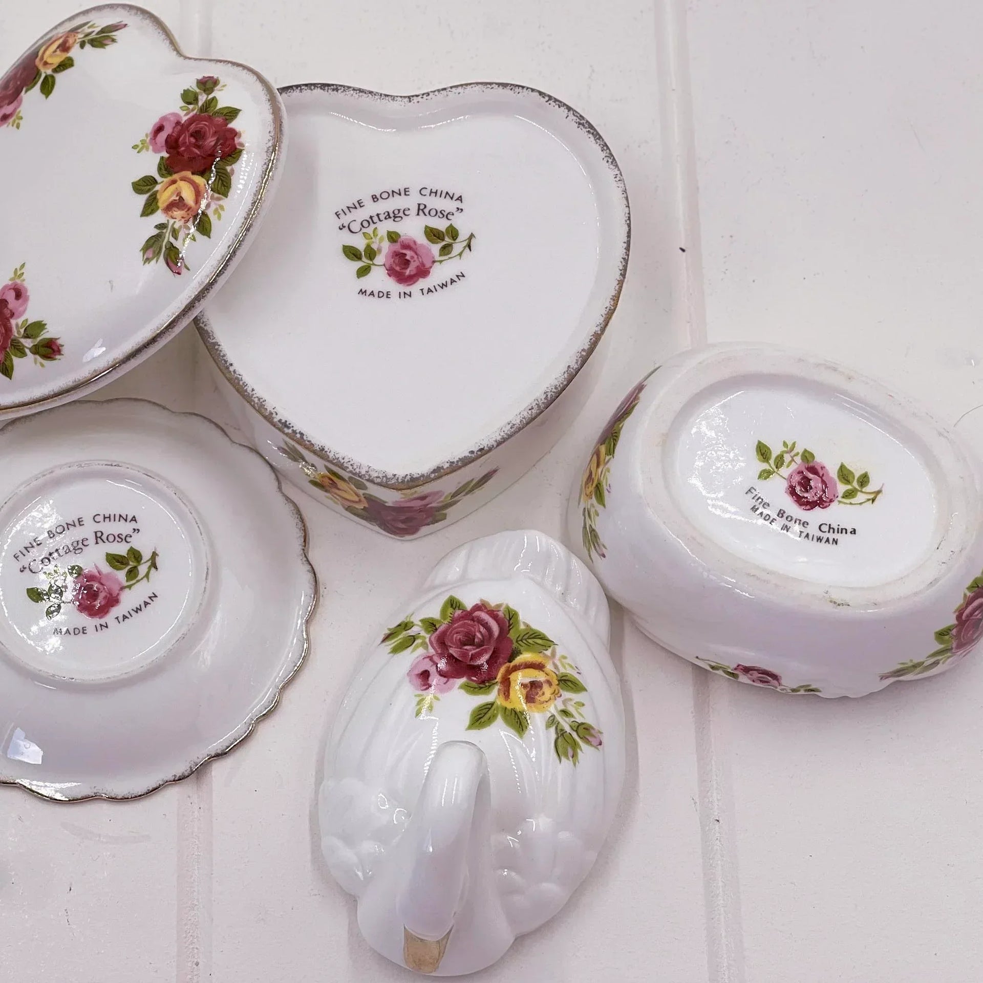 Cottage Rose fine bone china set with floral hearts, swan, and vintage home decor accents