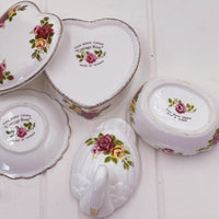 Cottage Rose fine bone china set with floral hearts, swan, and vintage home decor accents