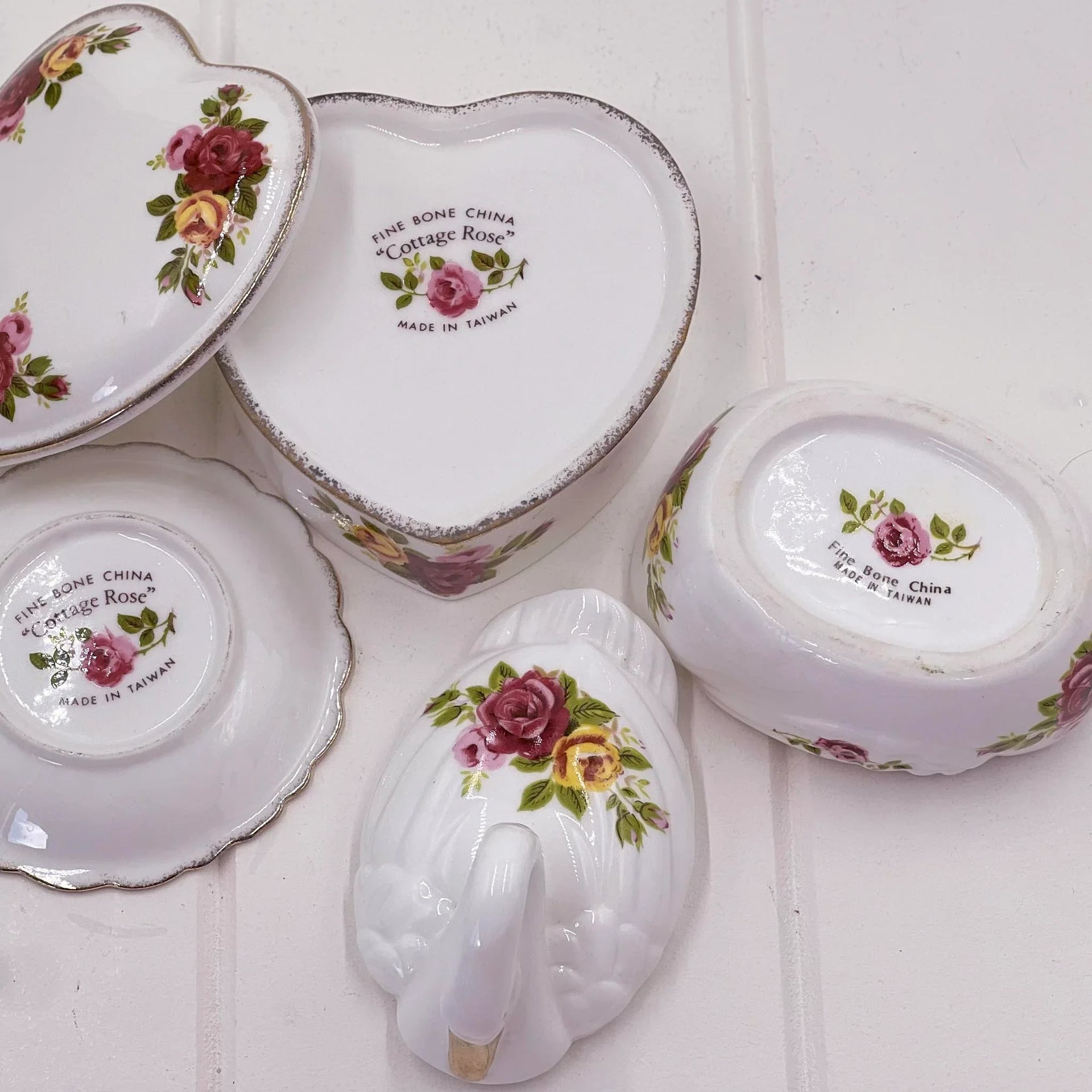 Cottage Rose Fine Bone China Trinket Set - Heart, Swan & Dish Collection