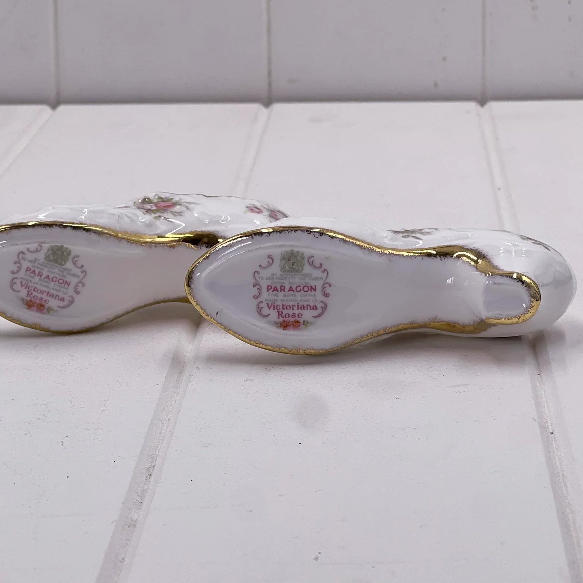 Paragon Victorian Rose fine bone china shoe figurines with gold trim, vintage home décor