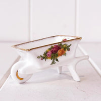 Porcelain wheelbarrow trinket dish with rose floral design and gold trim, vintage home decor accent