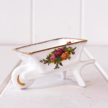 Porcelain wheelbarrow trinket dish with rose floral design and gold trim, vintage home decor accent