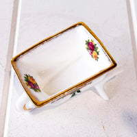 Elegant porcelain trinket dish with gold trim and rose floral design, vintage home decor accent