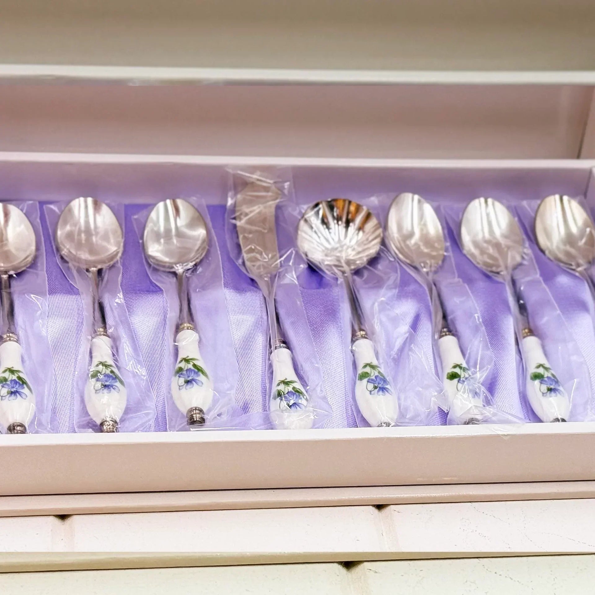 Elegant floral-handled spoons in gift box, vintage-inspired home decor set