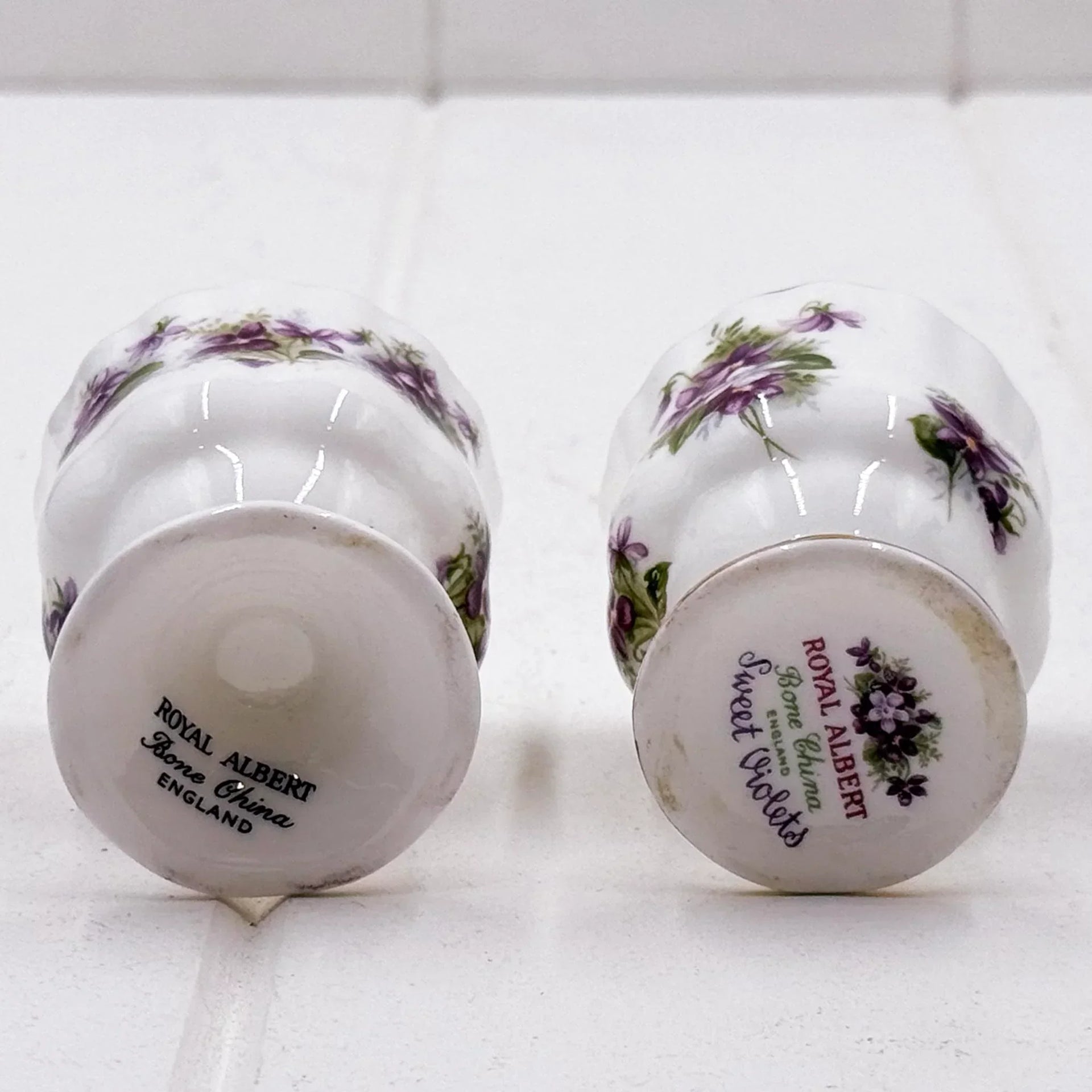 Royal Albert Bone China Sweet Violets egg cups, vintage floral design, England
