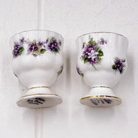 Vintage bone china egg cups with purple violet floral design, gold trim, England made