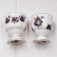 Vintage bone china egg cups with purple violet floral design, gold trim, England made