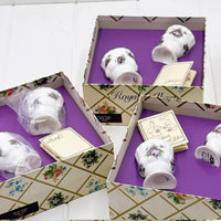 Royal Albert Sweet Violet egg cups in floral boxes, vintage porcelain home décor with purple accents
