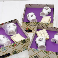 Royal Albert Sweet Violet egg cups in floral boxes, vintage porcelain home décor with purple accents