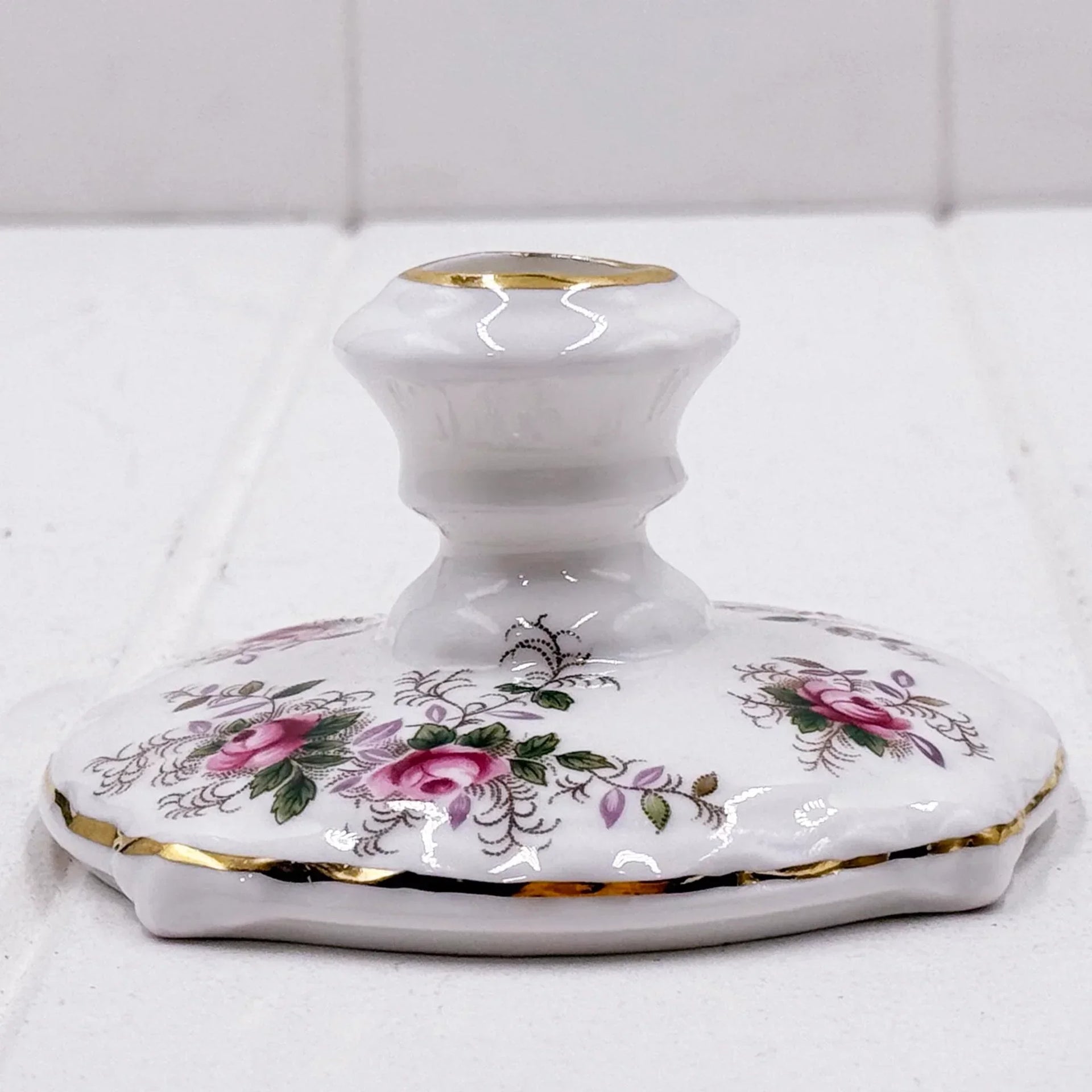 Elegant porcelain trinket box with pink rose floral design and gold trim, vintage home décor accent