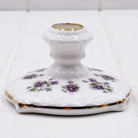 Elegant white porcelain candle holder with purple floral design and gold trim, vintage home décor accent