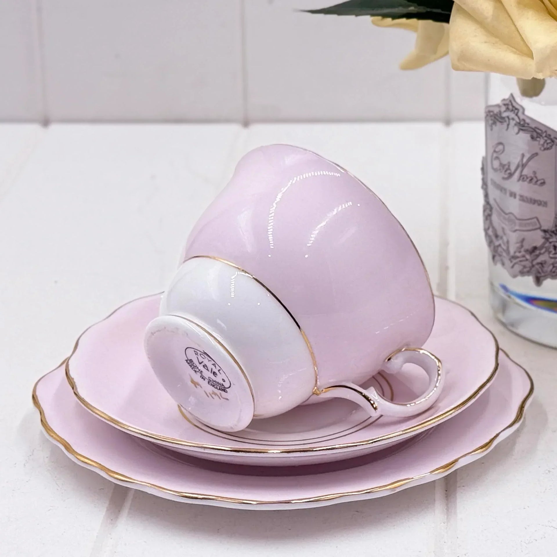 Delicate pink Royal Vale teacup with gold trim, vintage-inspired home décor for elegant tea service