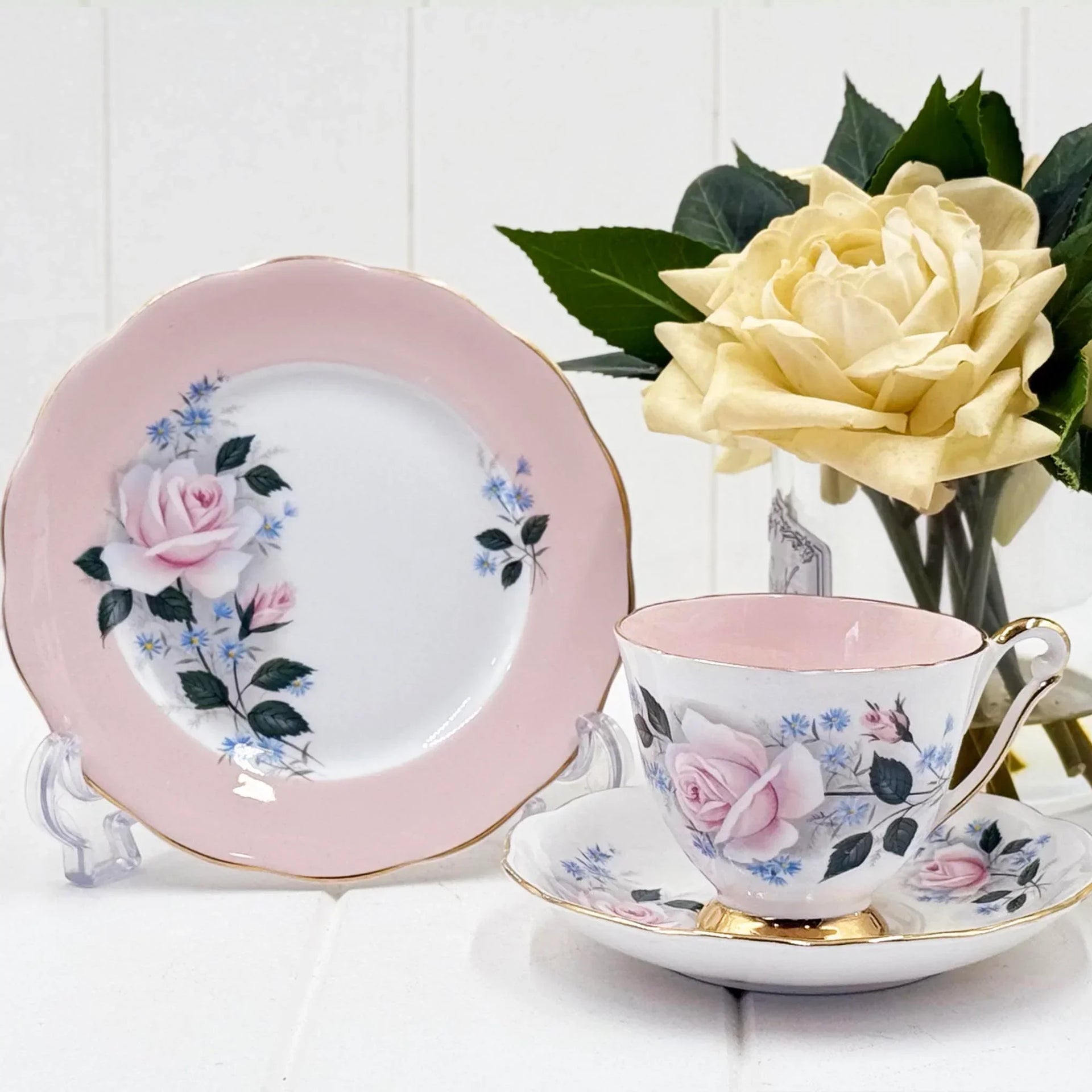 Elegant pink rose teacup set with gold trim, floral porcelain tea service for vintage home décor