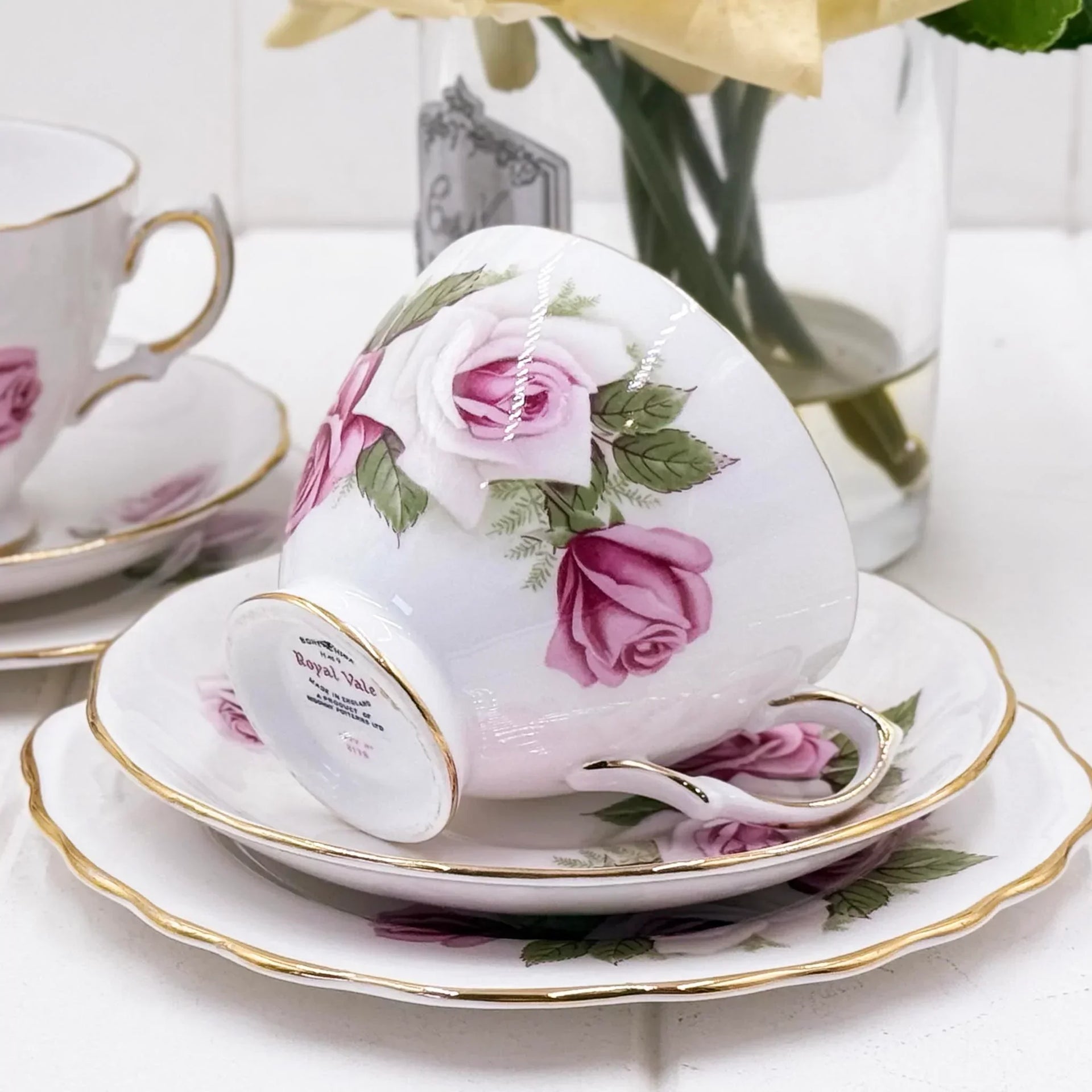 Royal Vale vintage rose teacup set with gold trim, elegant home décor for tea lovers
