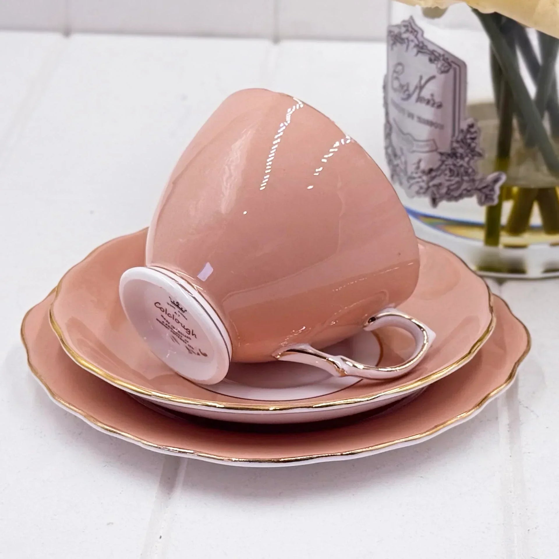 Elegant blush pink teacup and saucer set with gold trim, vintage porcelain home décor