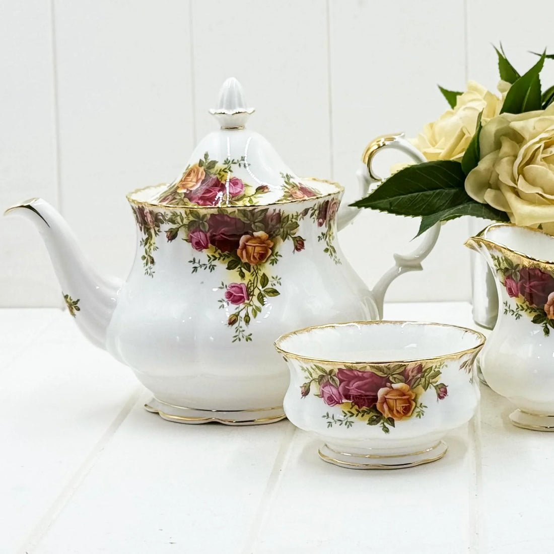Royal Albert Vintage Old Country Roses Large Teapot, Sugar and Creamer Set